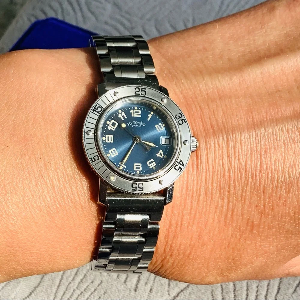 Hermes Silver Steel Bracelet Watch with Blue Dial